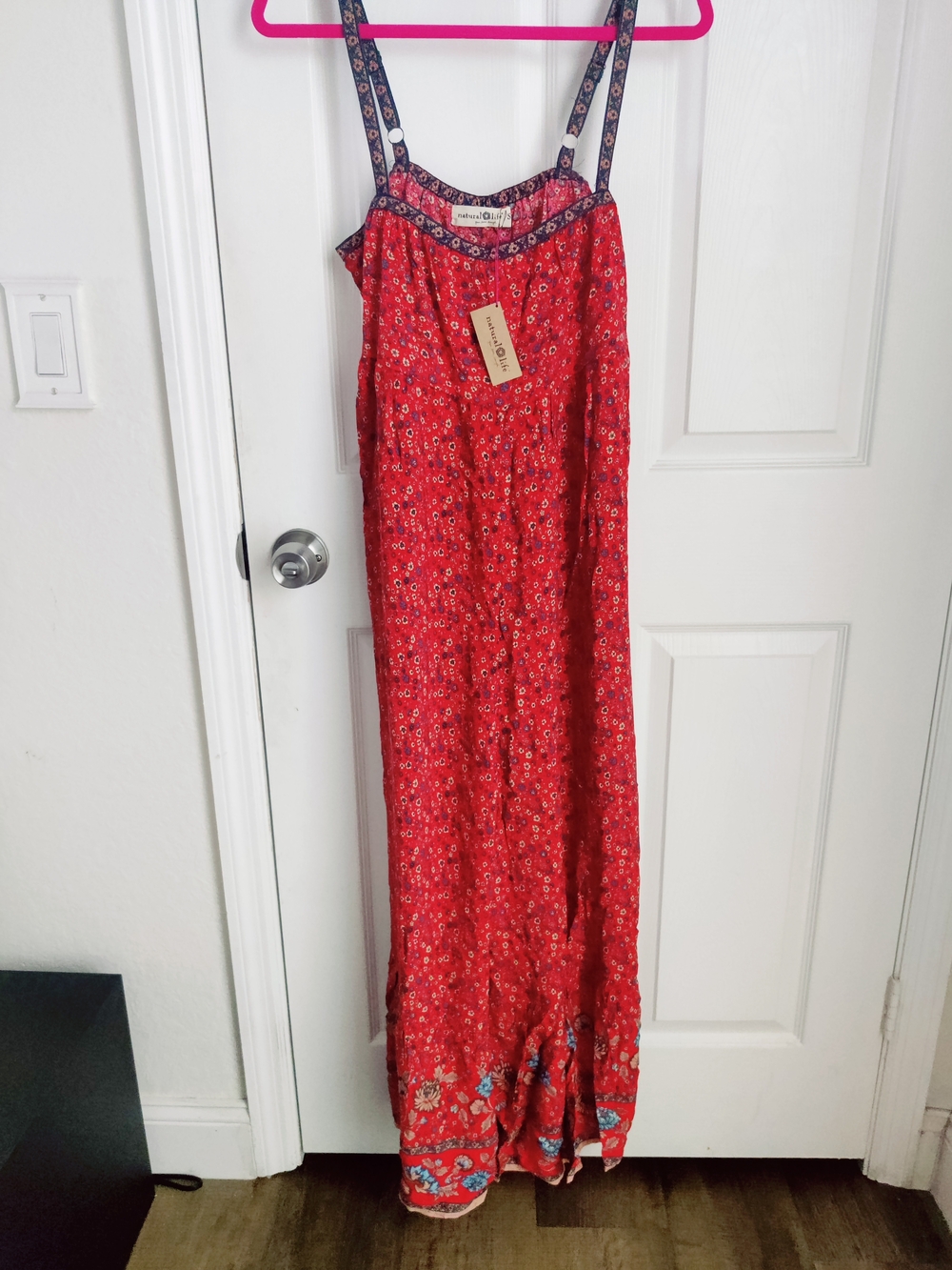 NATURAL LIFE Red Floral Maxi Jumpsuit with Navy Trim